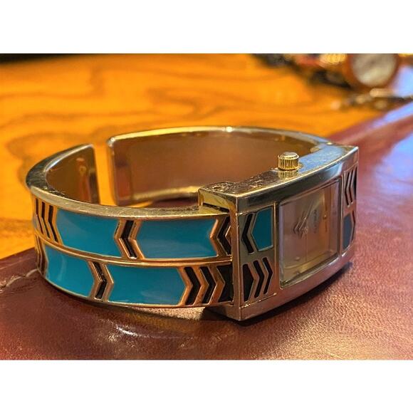 Women's 20mm Gold Tone Geneva Platinum Watch, Black and Green Accents - Picture 2 of 3